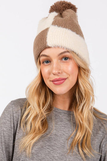 Colorblock Pom Pom Beanie