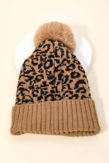 Leopard Ribbed Pom Beanie